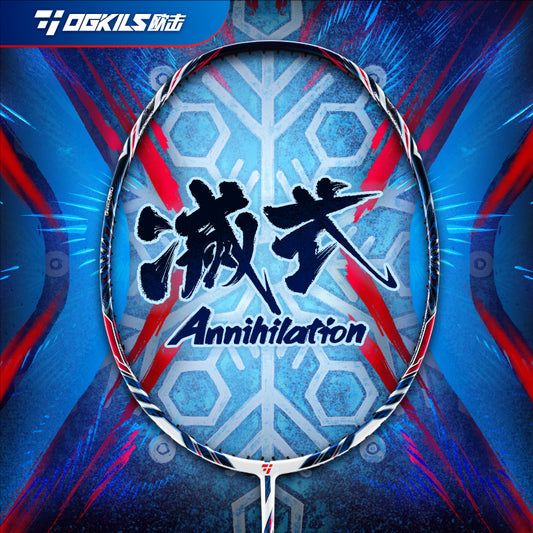 OGKILS Annihilation badminton racket in navy, white and red, stiff head-heavy attack racket
